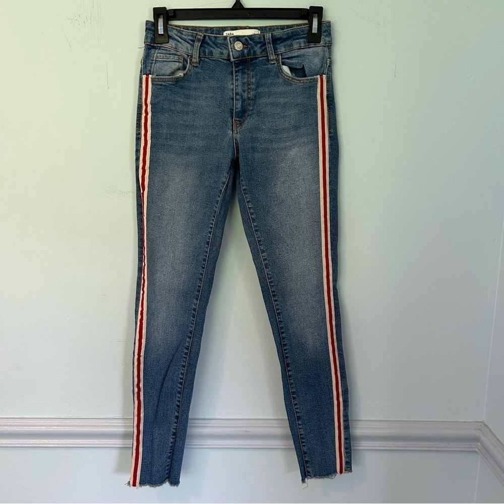 Zara Z1975 Denim Red & White Side Stripe Blue Jeans Size 6